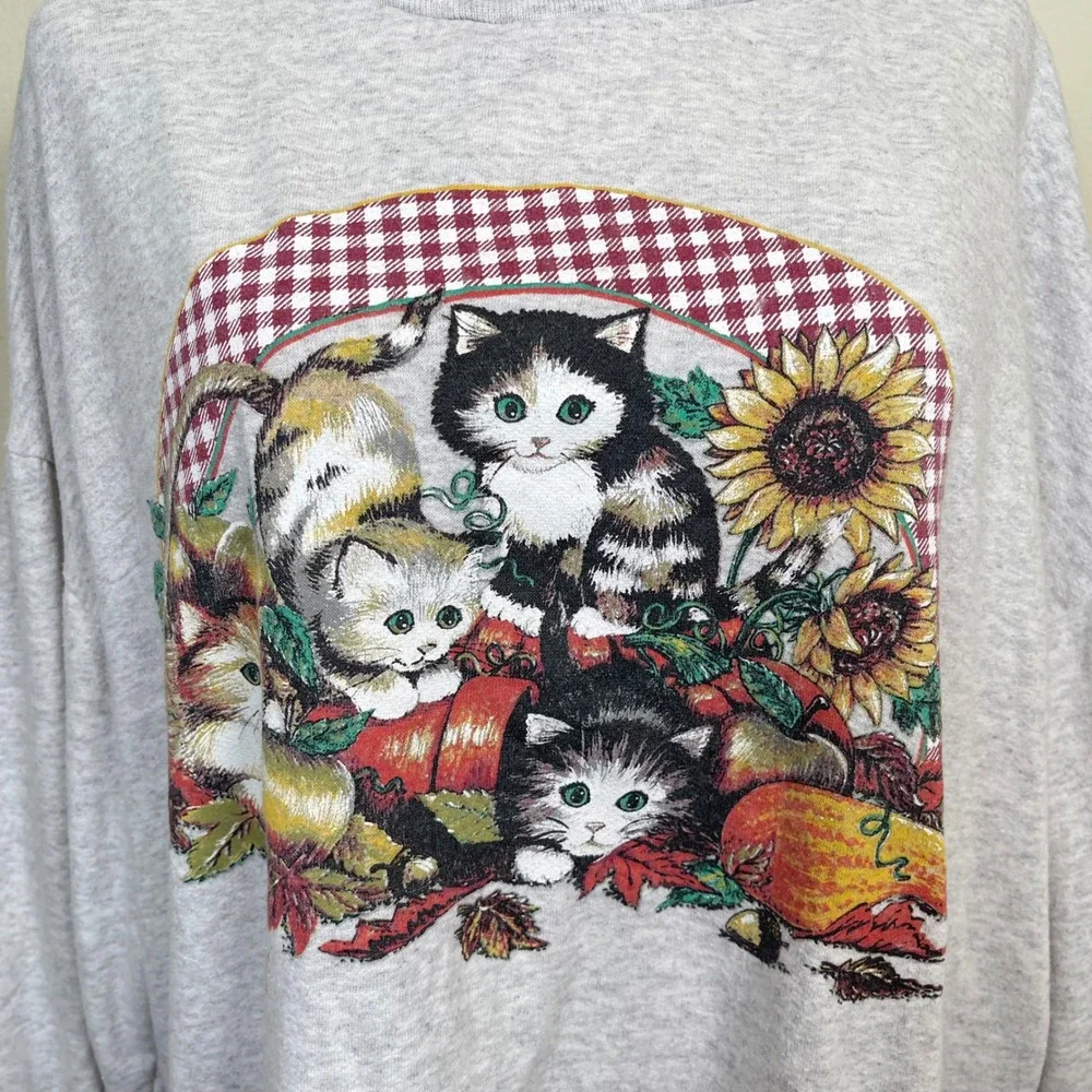 Vintage Basic Editions Cat Graphic Sweatshirt Womens 1X Grey Mock Neck Fall 90s - Picture 3 of 8